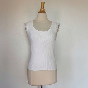 Solid White Knit Ribbed Metallic Crochet Cap Sleeve Tank Top